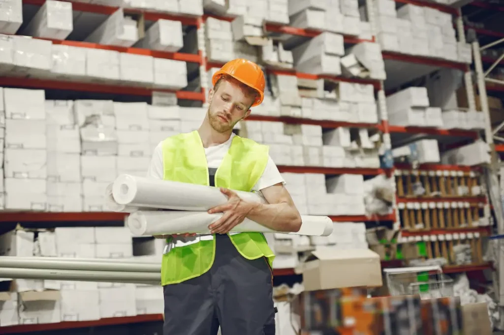 industrial worker indoors factory young technician with orange hard hat